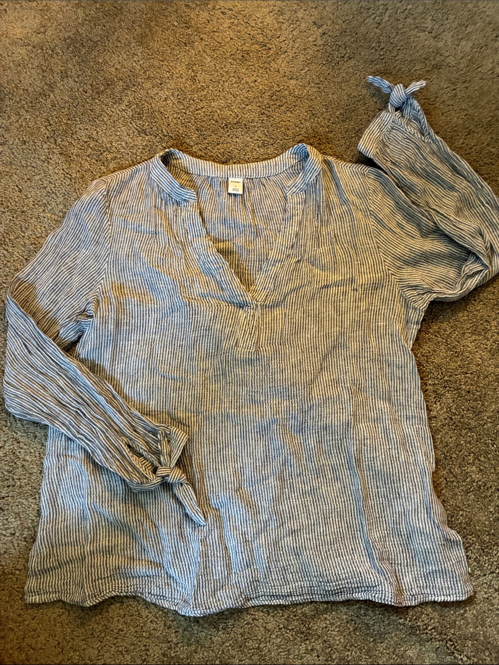 Blue Striped Women's V-Neck Tie-Sleeve Top